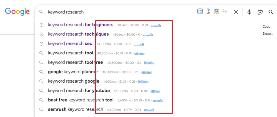 Autosuggest keywords with search volume