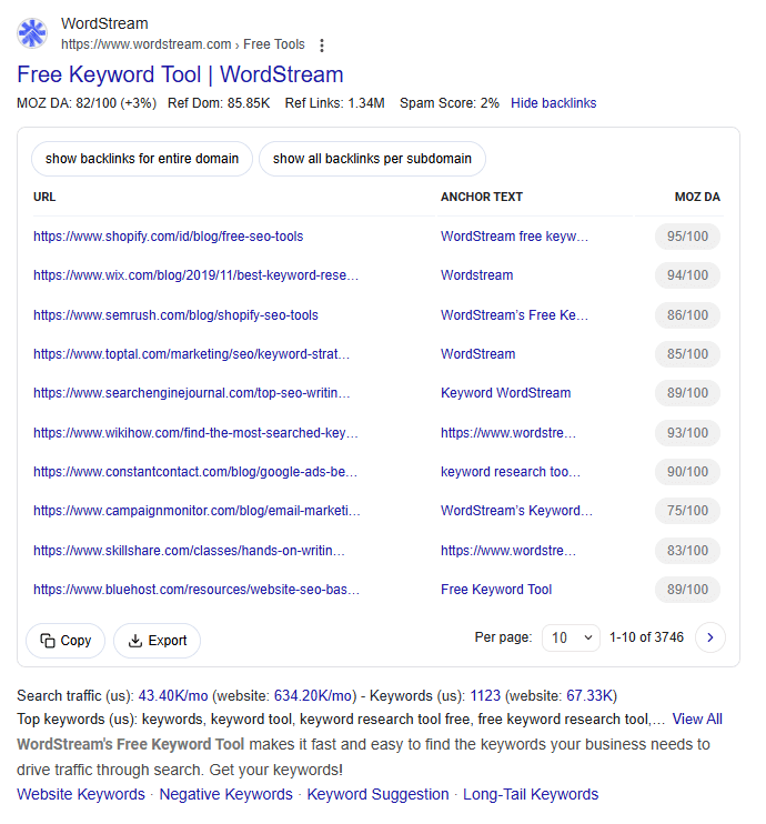 The backlink data panel showing source URL, anchor text and DA