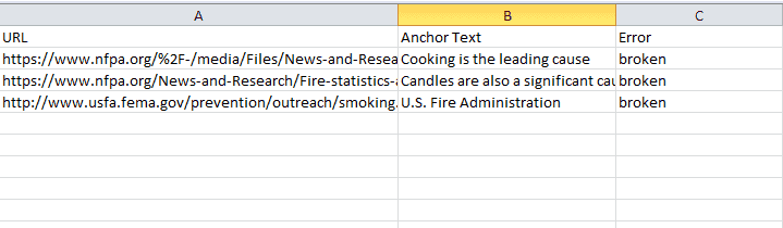 Broken 404 links spreadsheet 