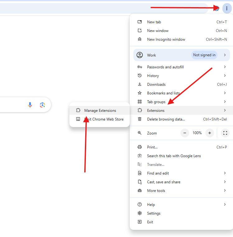 Chrome menu showing More tools then Extensions