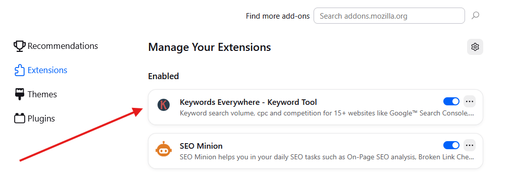 The Keywords Everywhere add-on in the Firefox Add-ons Manager