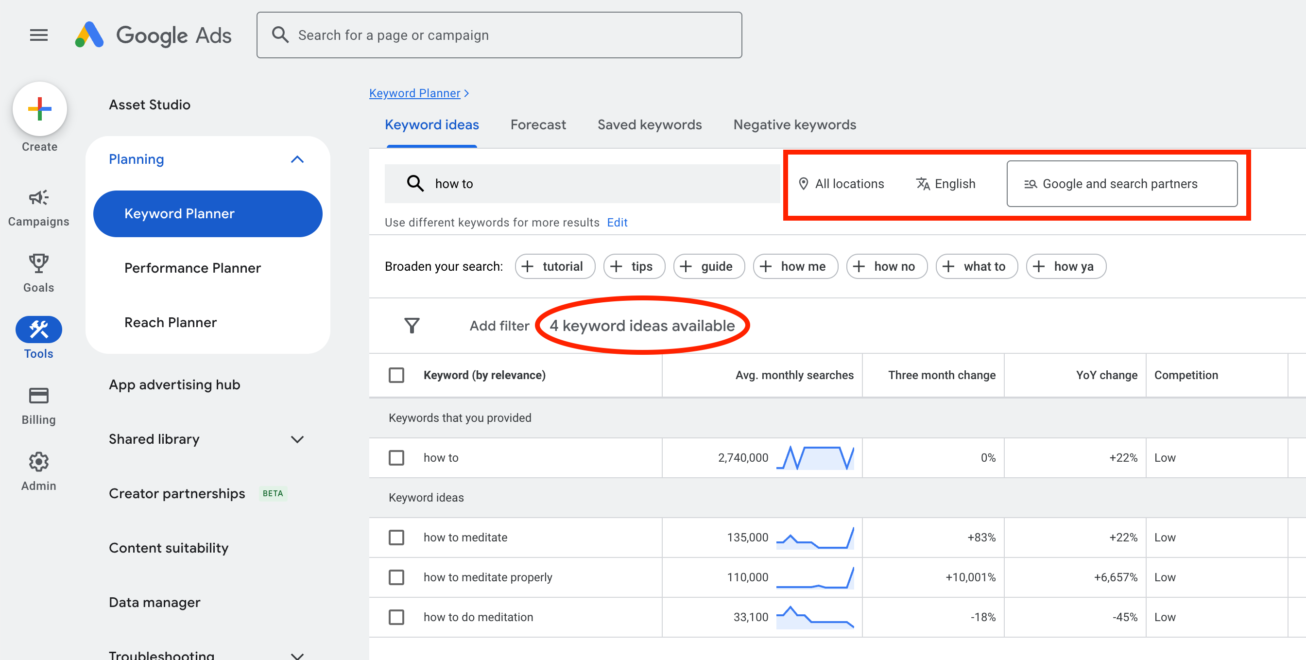 Google Keyword Planner showing only 4 results for the search term "how to"