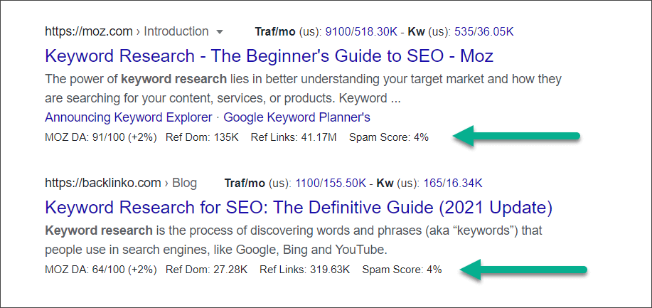 Moz link metrics shown under each Google search result