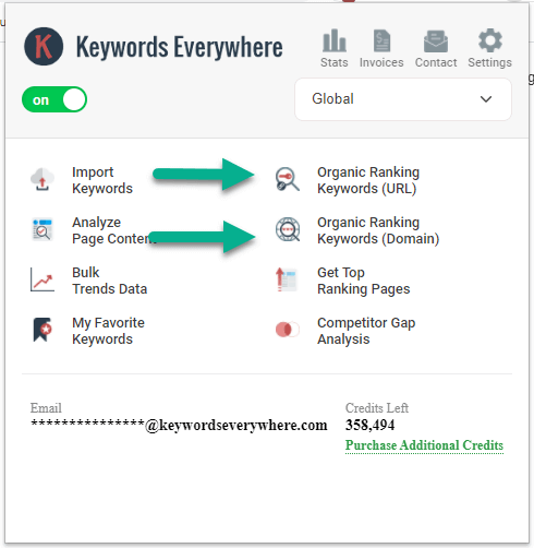 Organic Ranking Keywords menu items in the extension