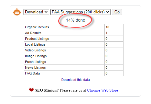 The SEO Minion PAA download showing its progress